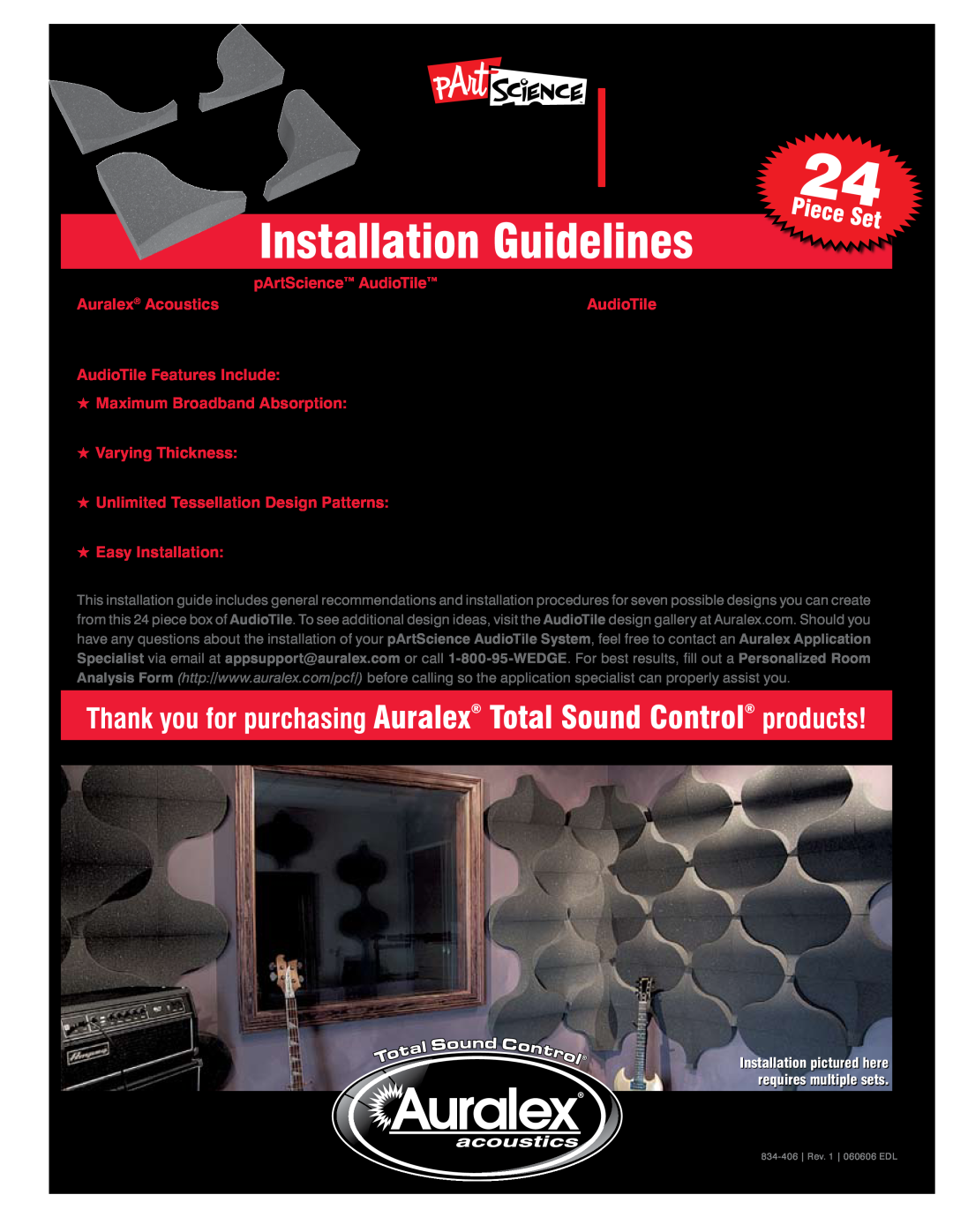 Auralex Acoustics ShockWave manual AudioTile Features Include, Installation Guidelines 
