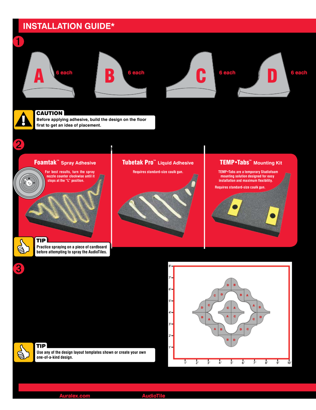 Auralex Acoustics ShockWave manual Installation Guide, A 6 each, B 6 each, C 6 each, D 6 each 