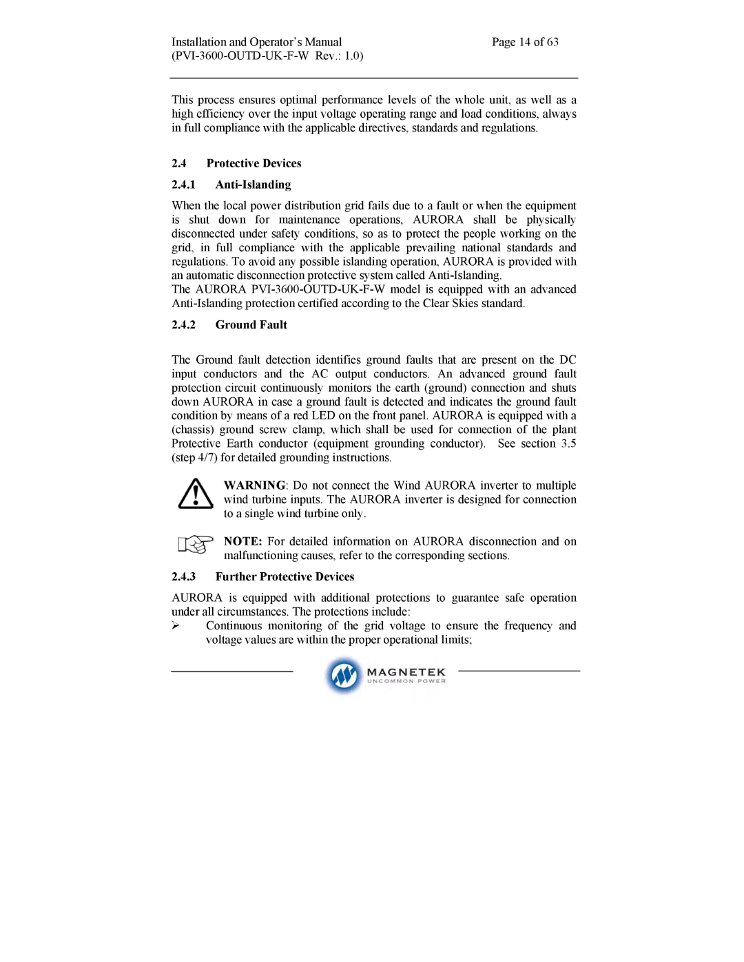 Aurora Electronics PVI-3600-OUTD-UK-F-W manual Protective Devices Anti-Islanding, Ground Fault, Further Protective Devices 