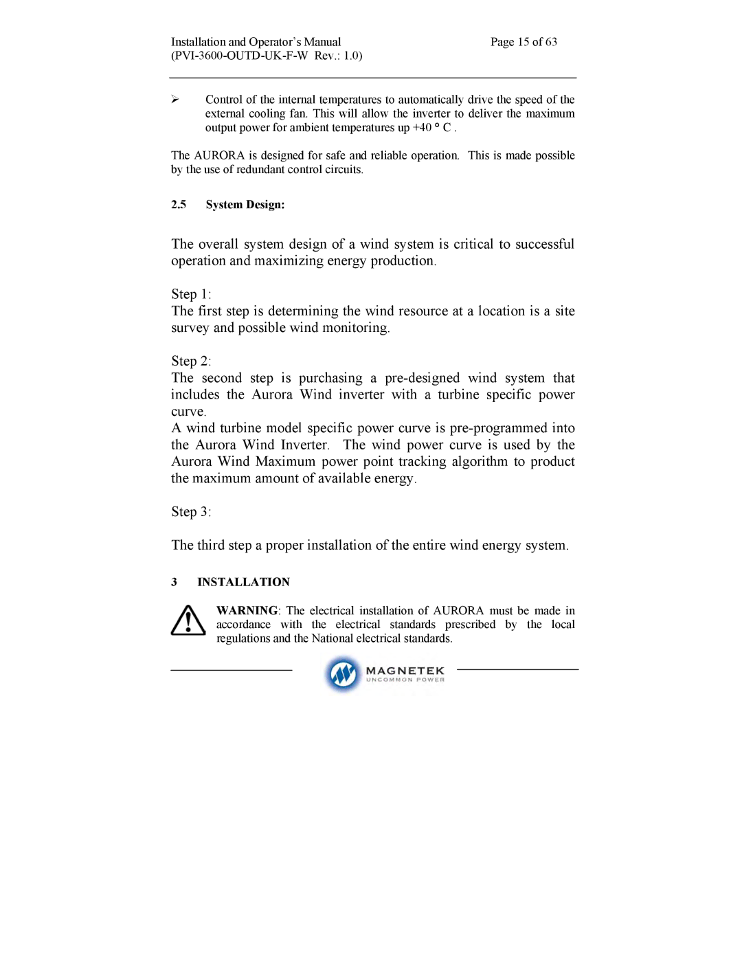 Aurora Electronics PVI-3600-OUTD-UK-F-W manual System Design, Installation 