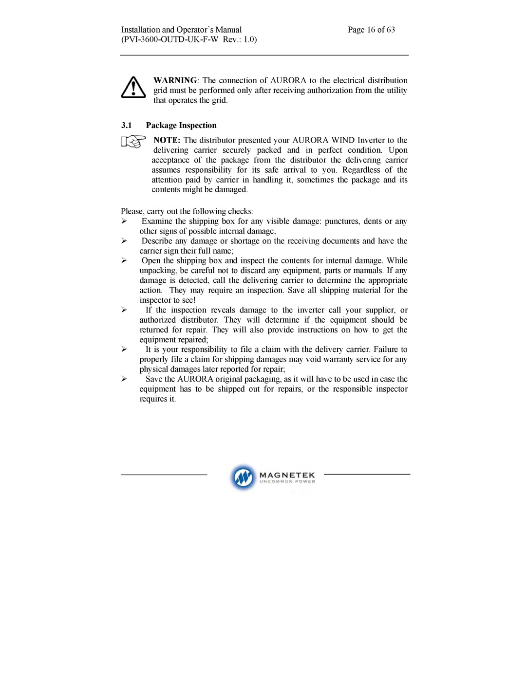 Aurora Electronics PVI-3600-OUTD-UK-F-W manual Package Inspection 