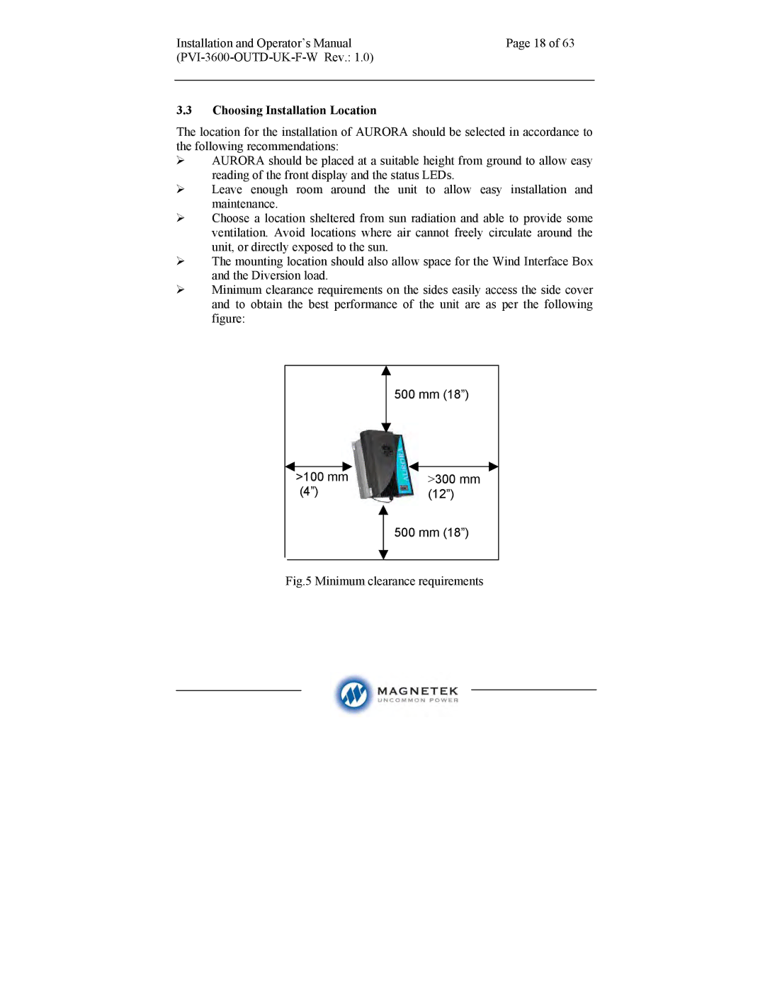 Aurora Electronics PVI-3600-OUTD-UK-F-W manual Choosing Installation Location, Minimum clearance requirements 