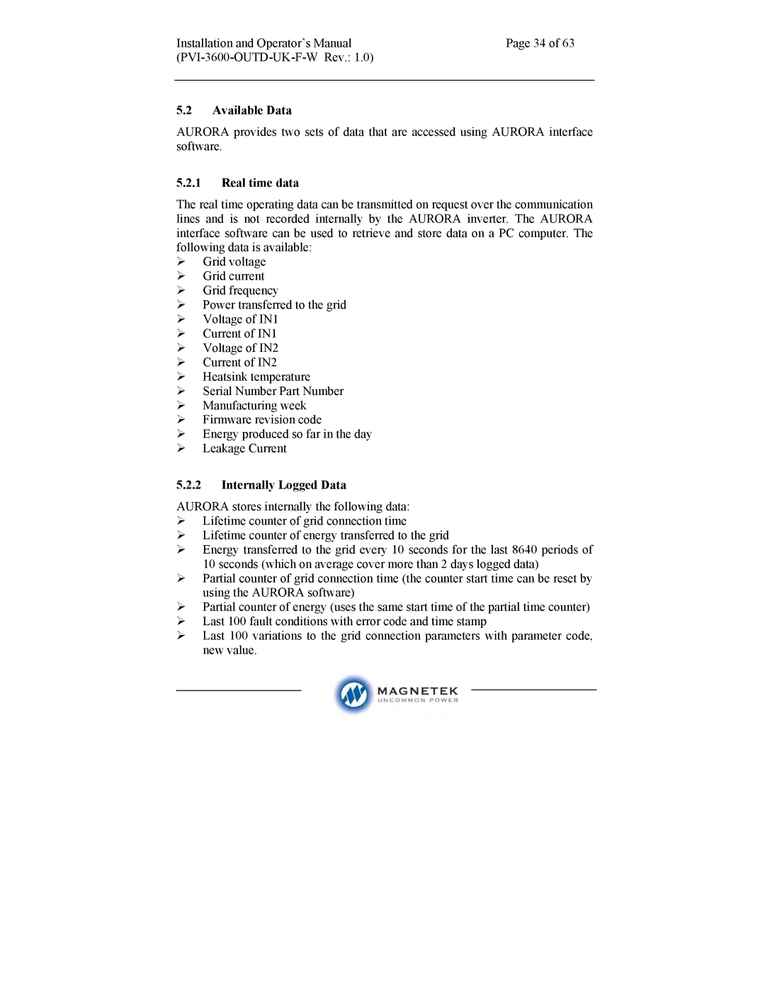 Aurora Electronics PVI-3600-OUTD-UK-F-W manual Available Data, Real time data, Internally Logged Data 