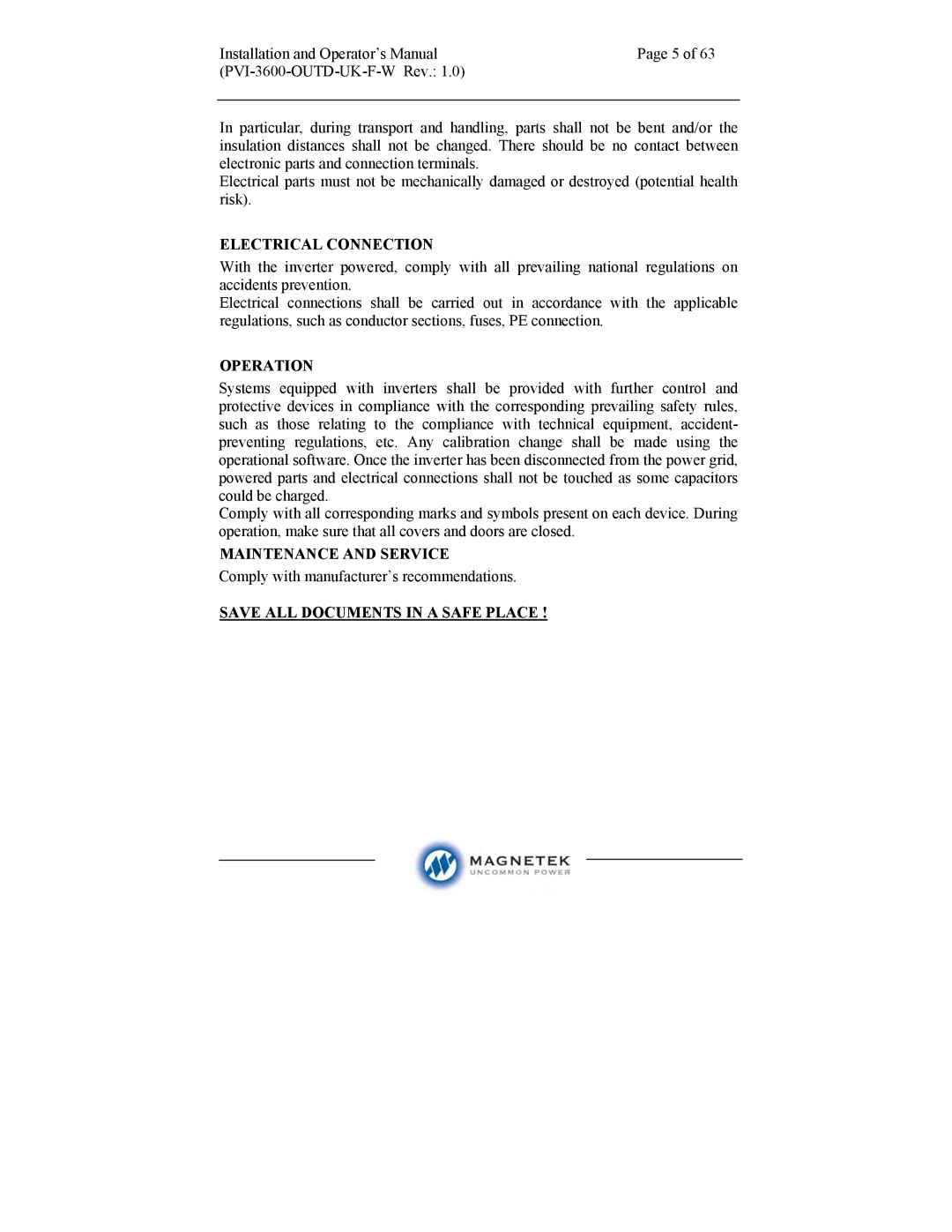 Aurora Electronics PVI-3600-OUTD-UK-F-W manual Electrical Connection, Operation, Maintenance and Service 