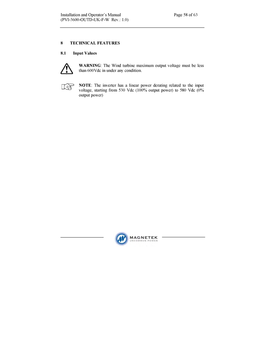 Aurora Electronics PVI-3600-OUTD-UK-F-W manual Technical Features, Input Values 