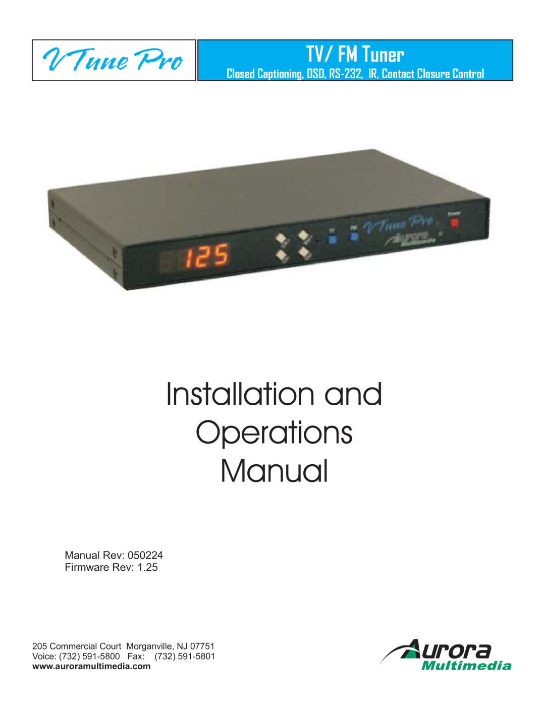 Aurora Multimedia TV/FM Tuner manual Installation Operations Manual 