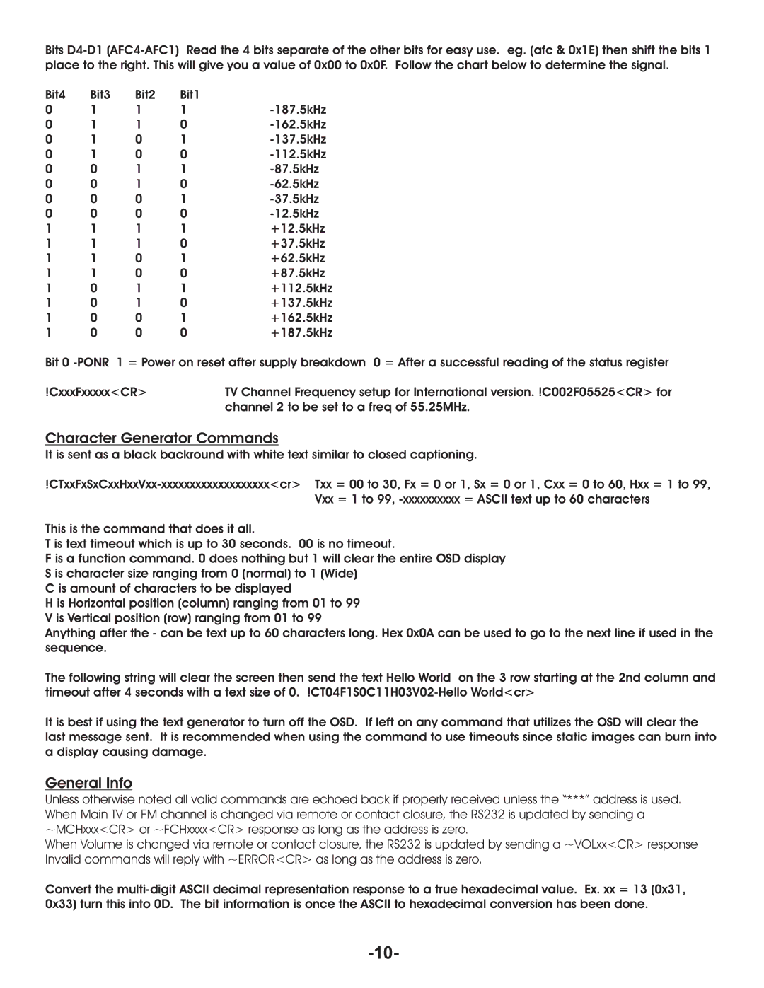 Aurora Multimedia TV/FM Tuner manual Character Generator Commands, General Info 