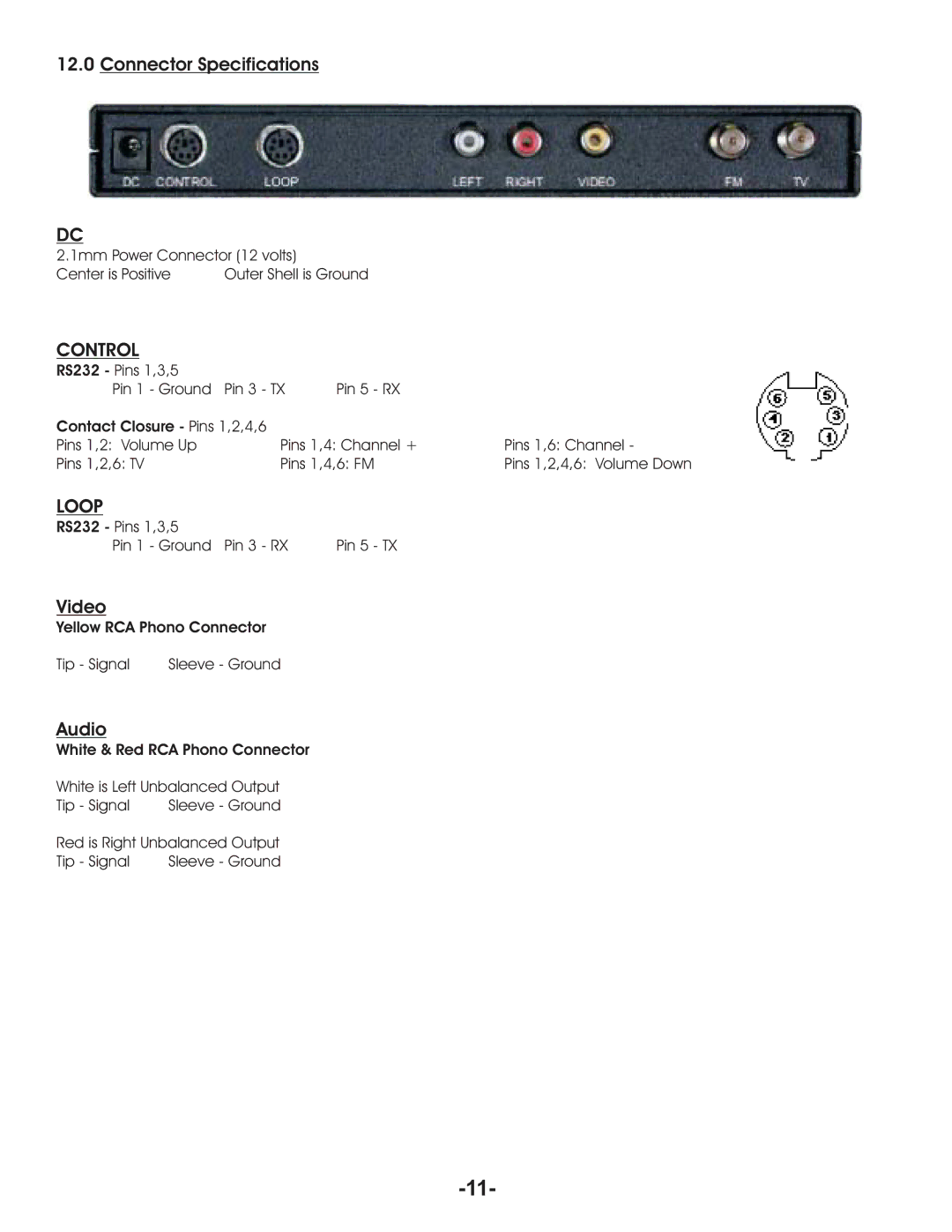 Aurora Multimedia TV/FM Tuner manual Connector Specifications, Video, Audio 