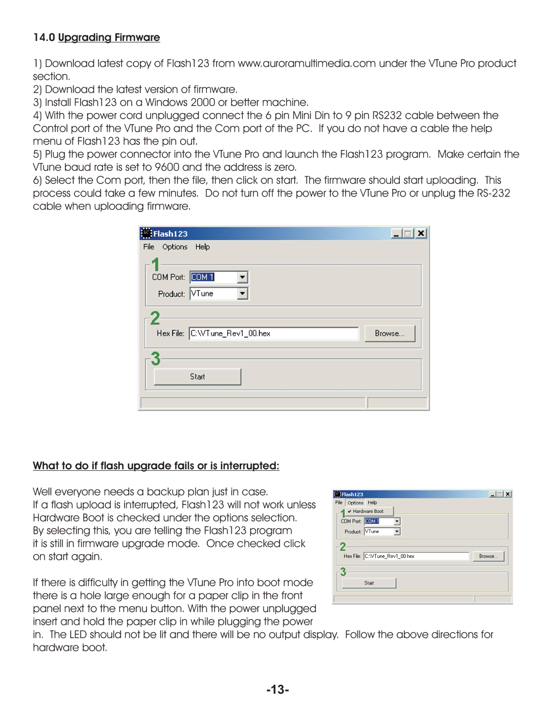 Aurora Multimedia TV/FM Tuner manual Upgrading Firmware, What to do if flash upgrade fails or is interrupted 