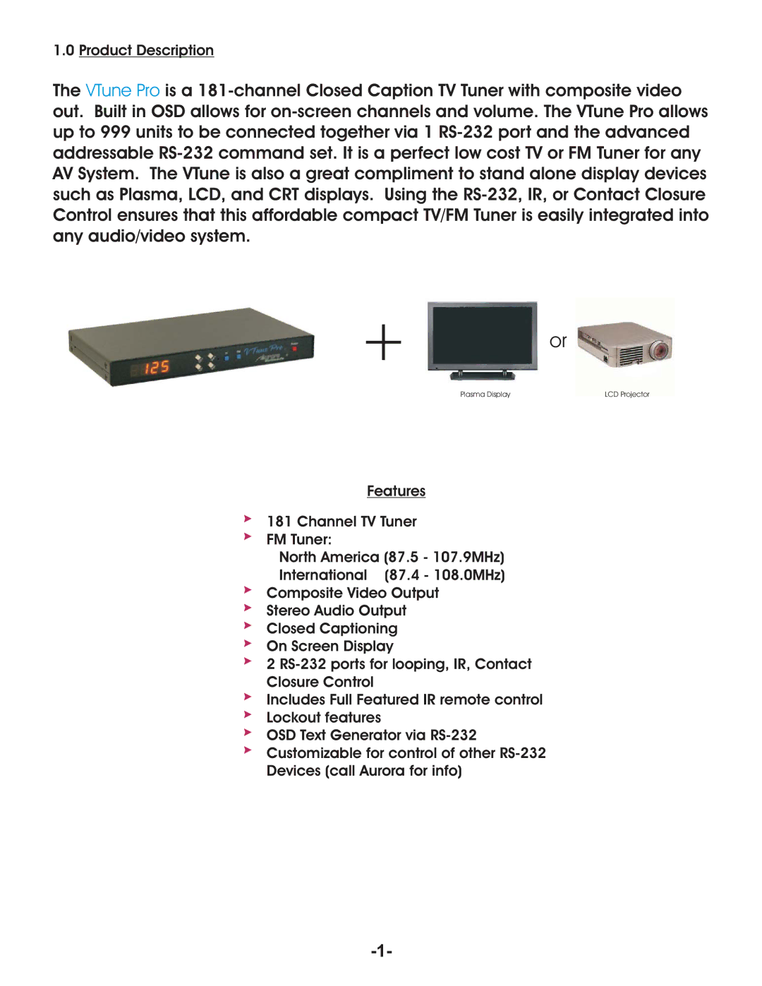 Aurora Multimedia TV/FM Tuner manual + or, Product Description 