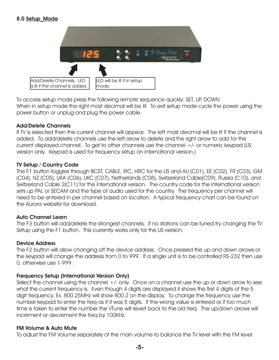 Aurora Multimedia TV/FM Tuner SetupMode, Add/Delete Channels, TV Setup / Country Code, Auto Channel Learn, Device Address 