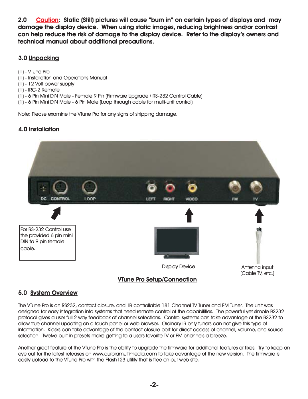 Aurora Multimedia TV/FM Tuner manual 3.0Unpacking, 4.0Installation, VTune Pro Setup/Connection 5.0System Overview 