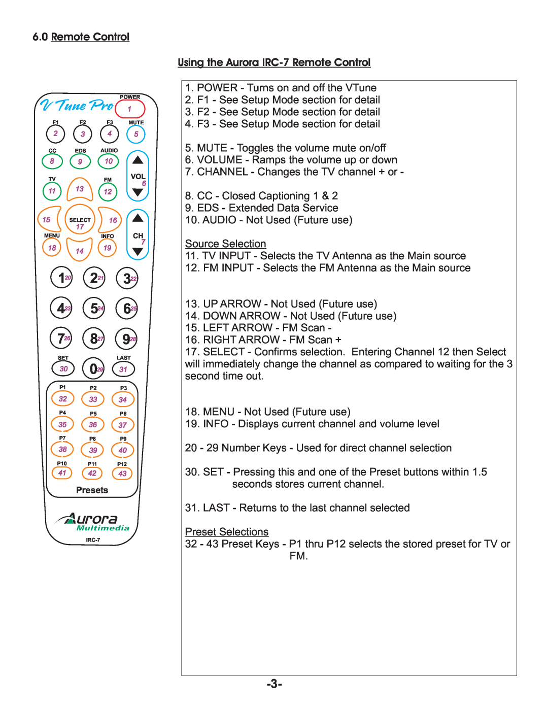 Aurora Multimedia TV/FM Tuner manual V Tune Pro, 6.0Remote Control, Using the Aurora IRC-7Remote Control 