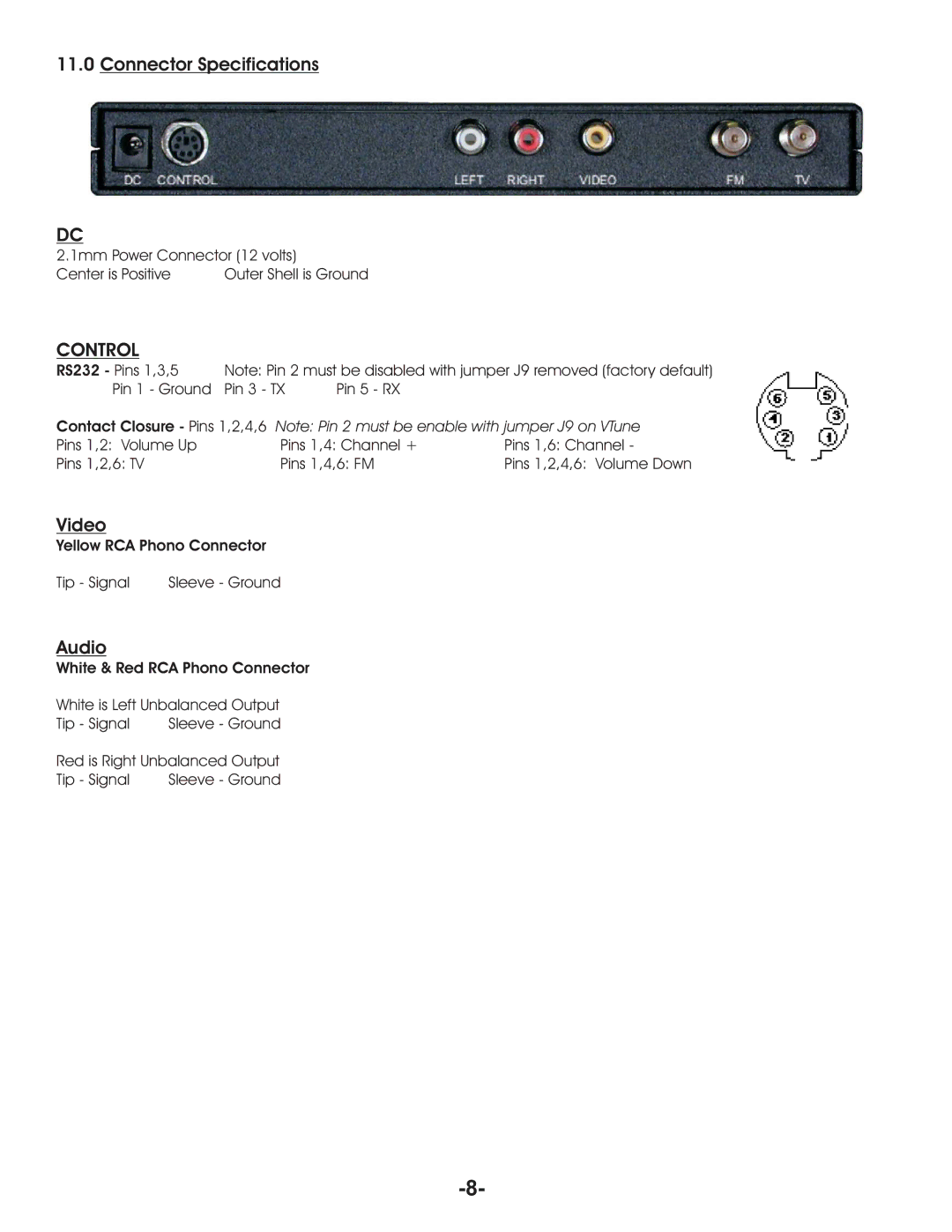 Aurora Multimedia VR-1FF manual Connector Specifications, Video, Audio 