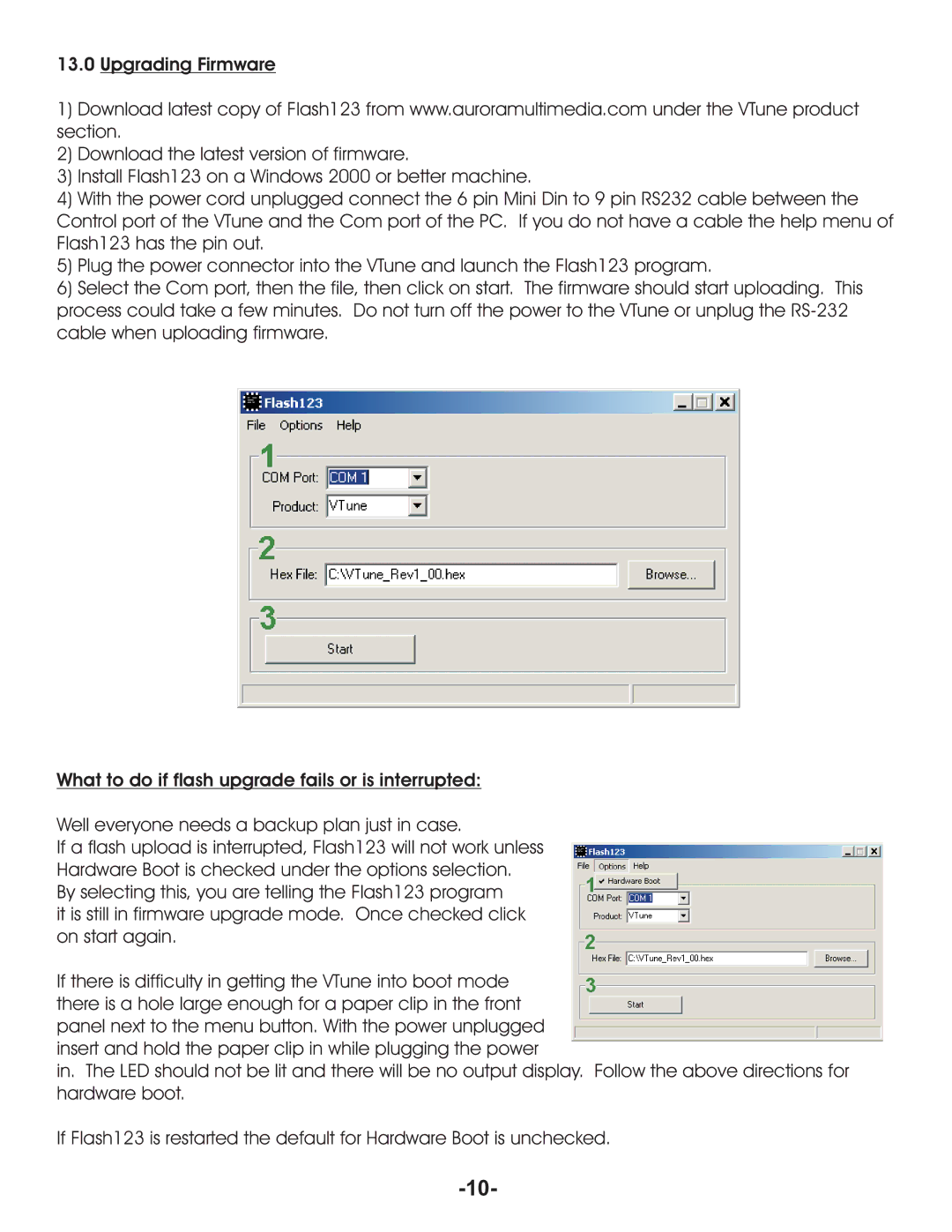 Aurora Multimedia VR-1FF manual Upgrading Firmware, What to do if flash upgrade fails or is interrupted 