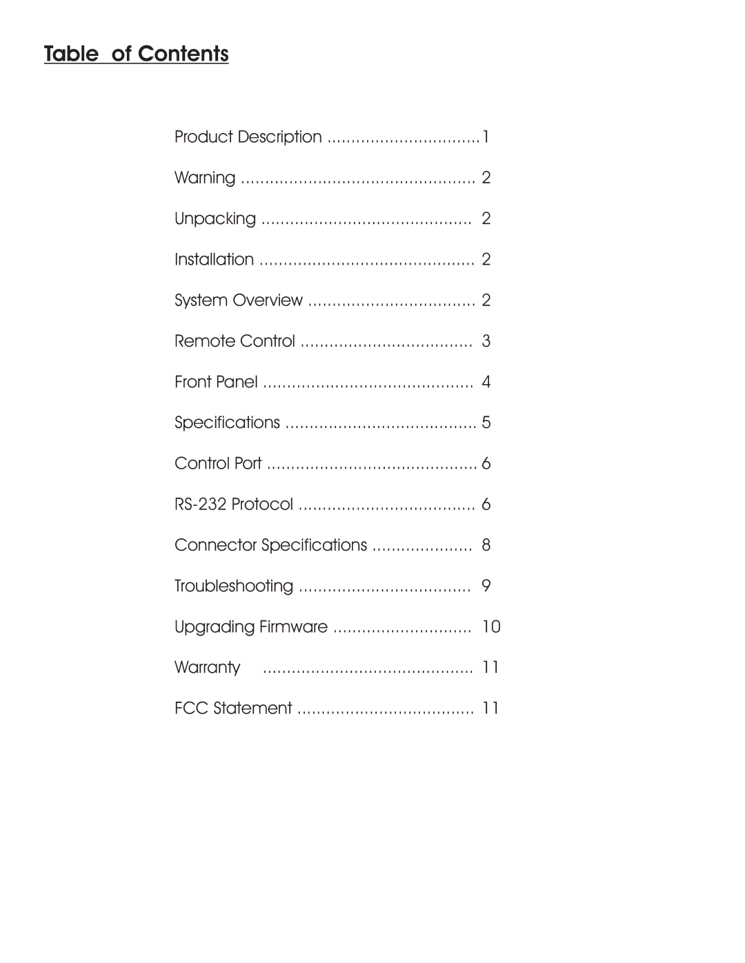 Aurora Multimedia VR-1FF manual Table of Contents 