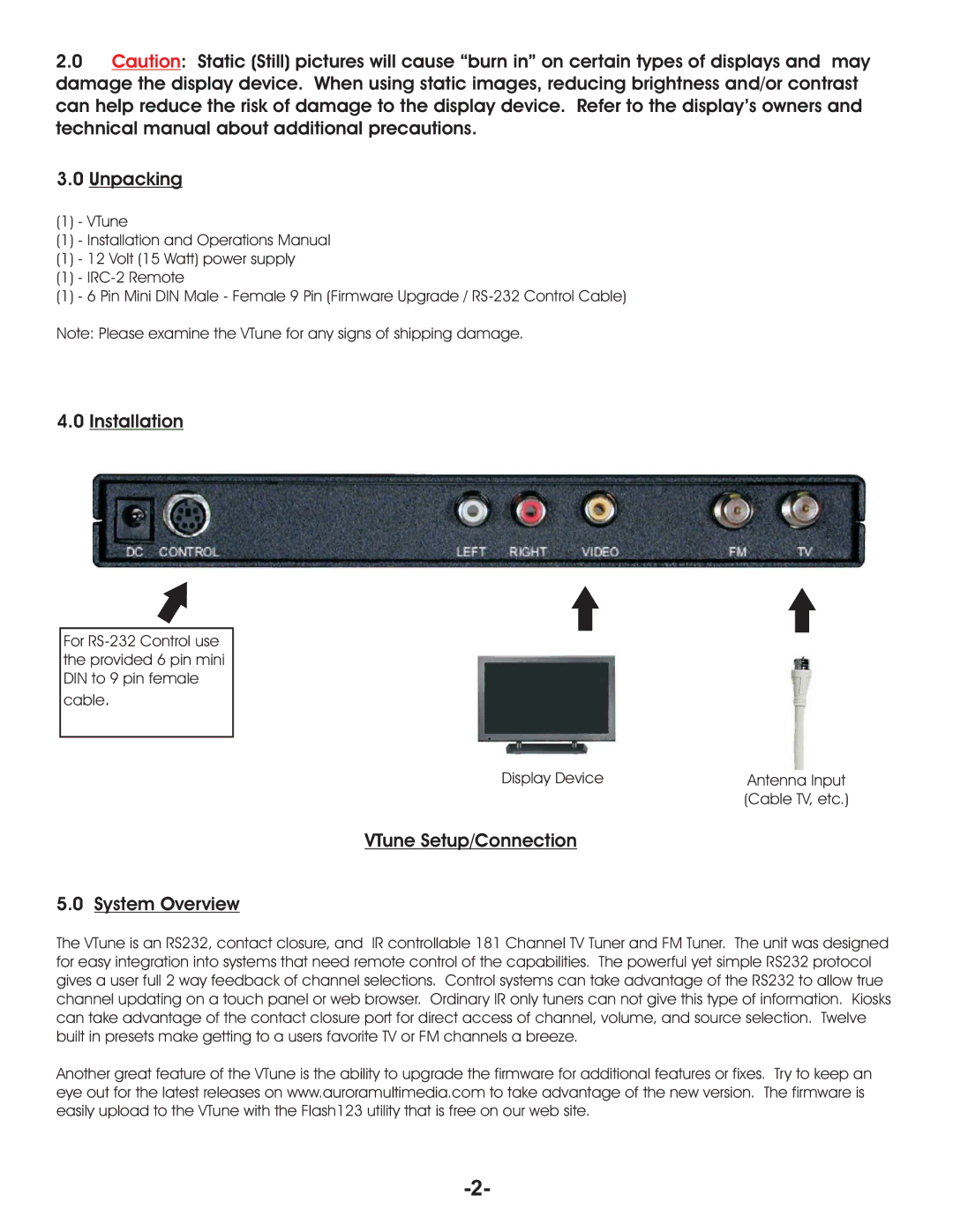 Aurora Multimedia VR-1FF manual Unpacking, Installation, VTune Setup/Connection System Overview 