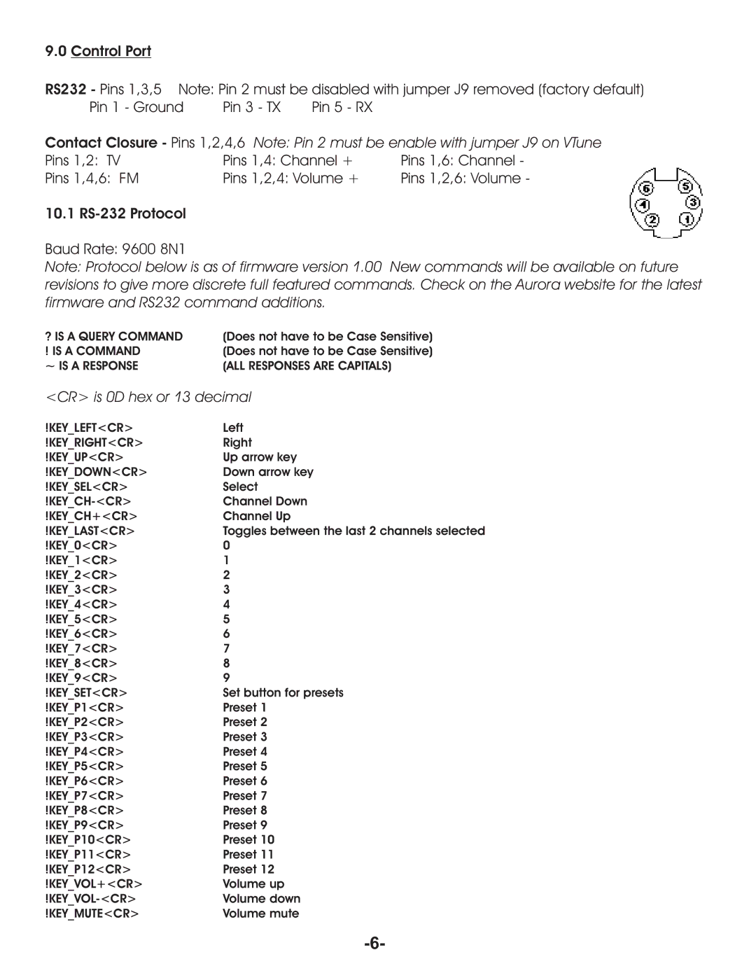 Aurora Multimedia VR-1FF manual Control Port, 10.1 RS-232 Protocol 