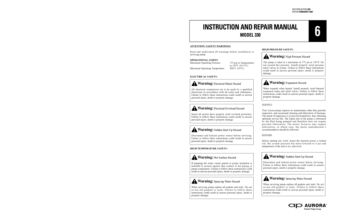 Aurora of America 330 specifications Operational Limits, Electrical Safety High Pressure Safety, High Temperature Safety 
