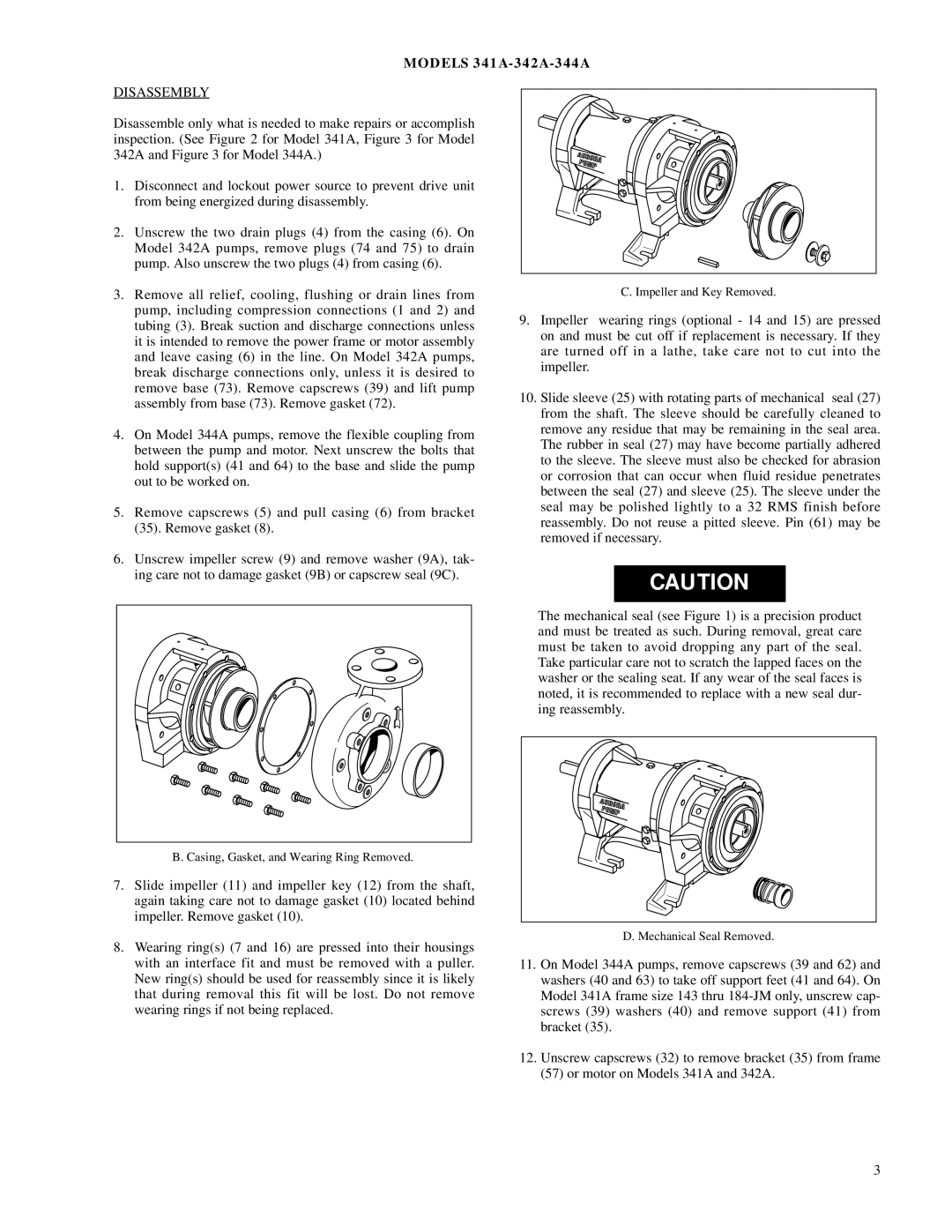 Aurora of America 344A manual Disassembl Y, Impeller, 57or motor on Models 341A and 342A, D. Mechanical Seal Removed 
