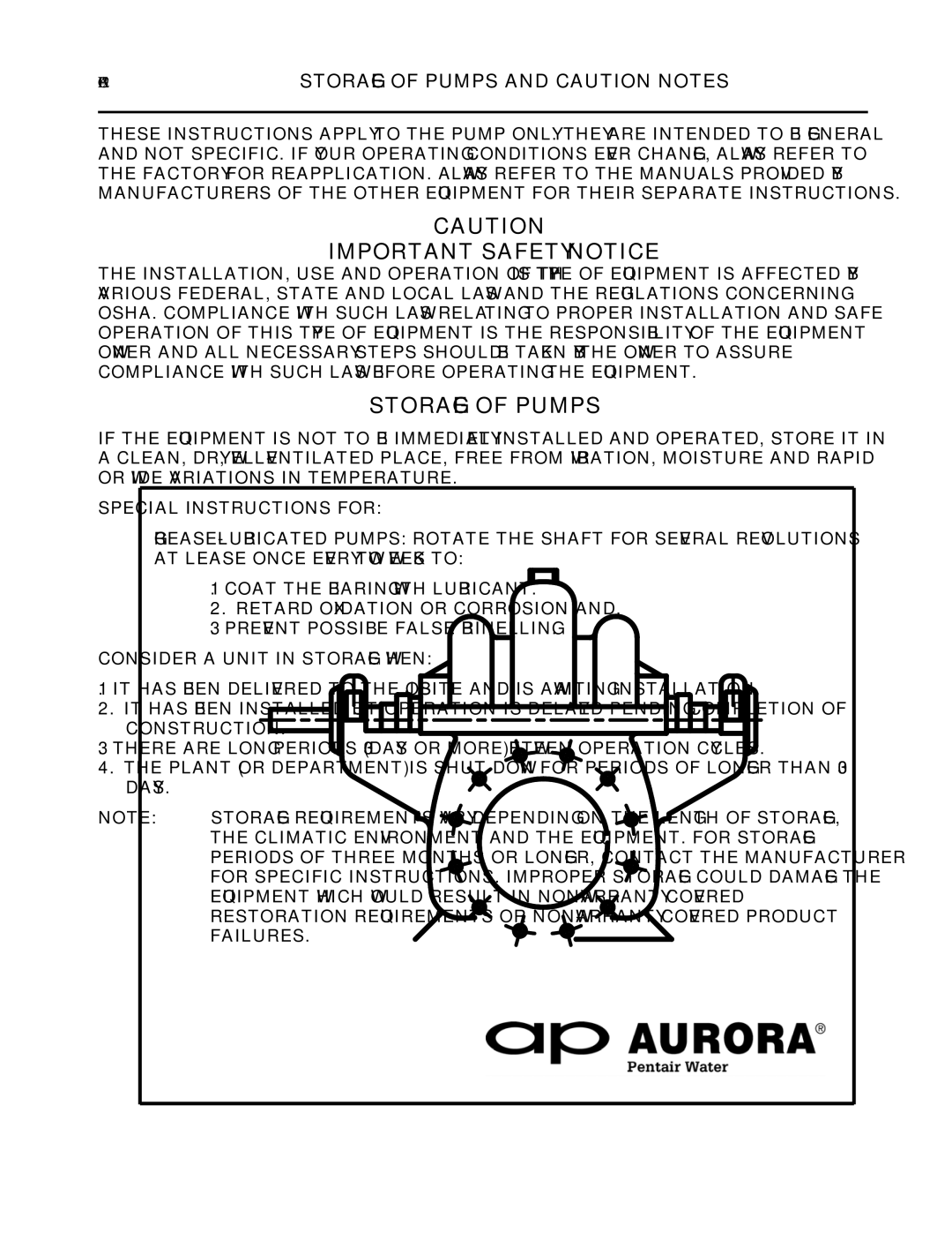 Aurora of America Horizontal Split Case & Split Case Fire Pump, 492, 442 manual Storage of Pumps and Caution Notes 