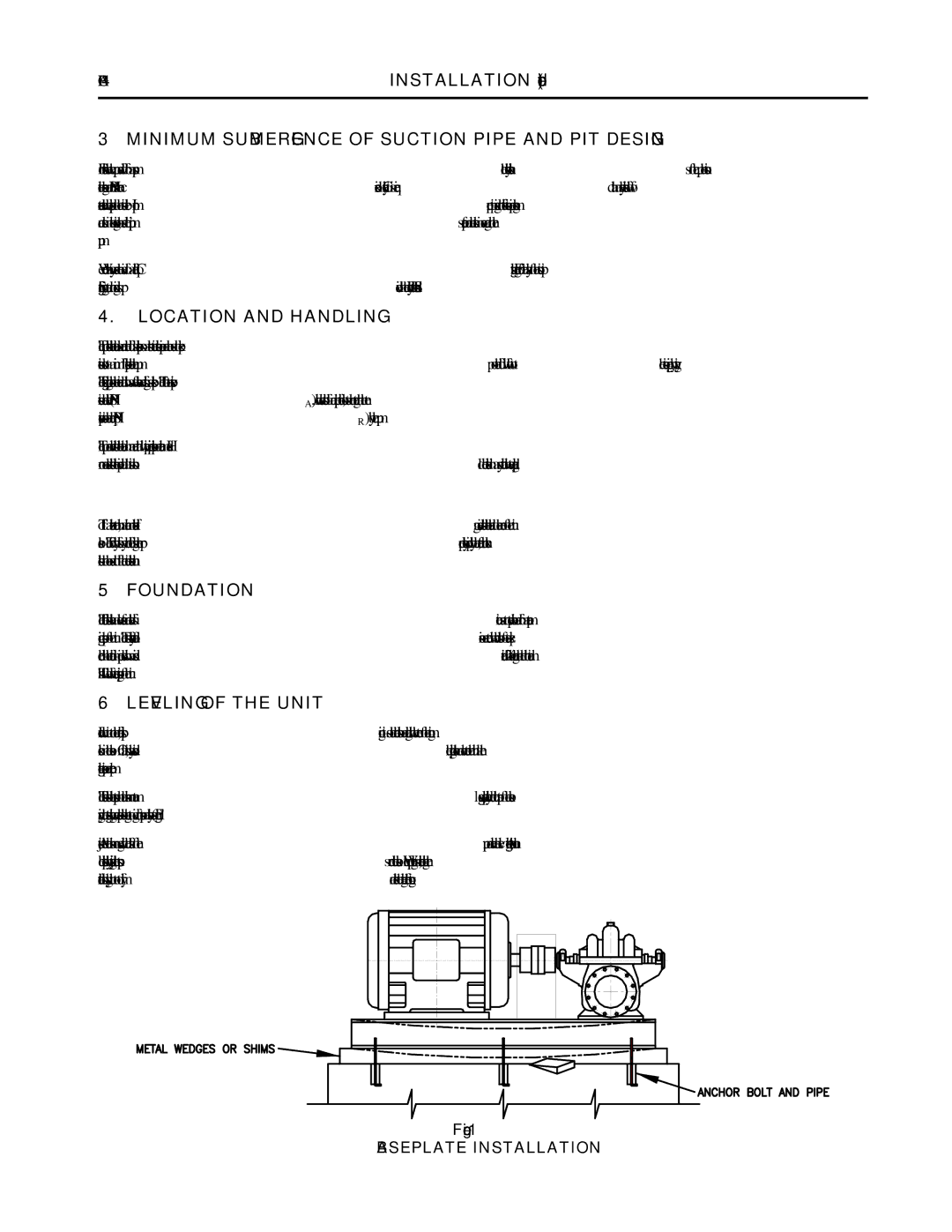 Aurora of America 442, 492 manual Minimum Submergence of Suction Pipe and PIT Design, Location and Handling, Foundation 