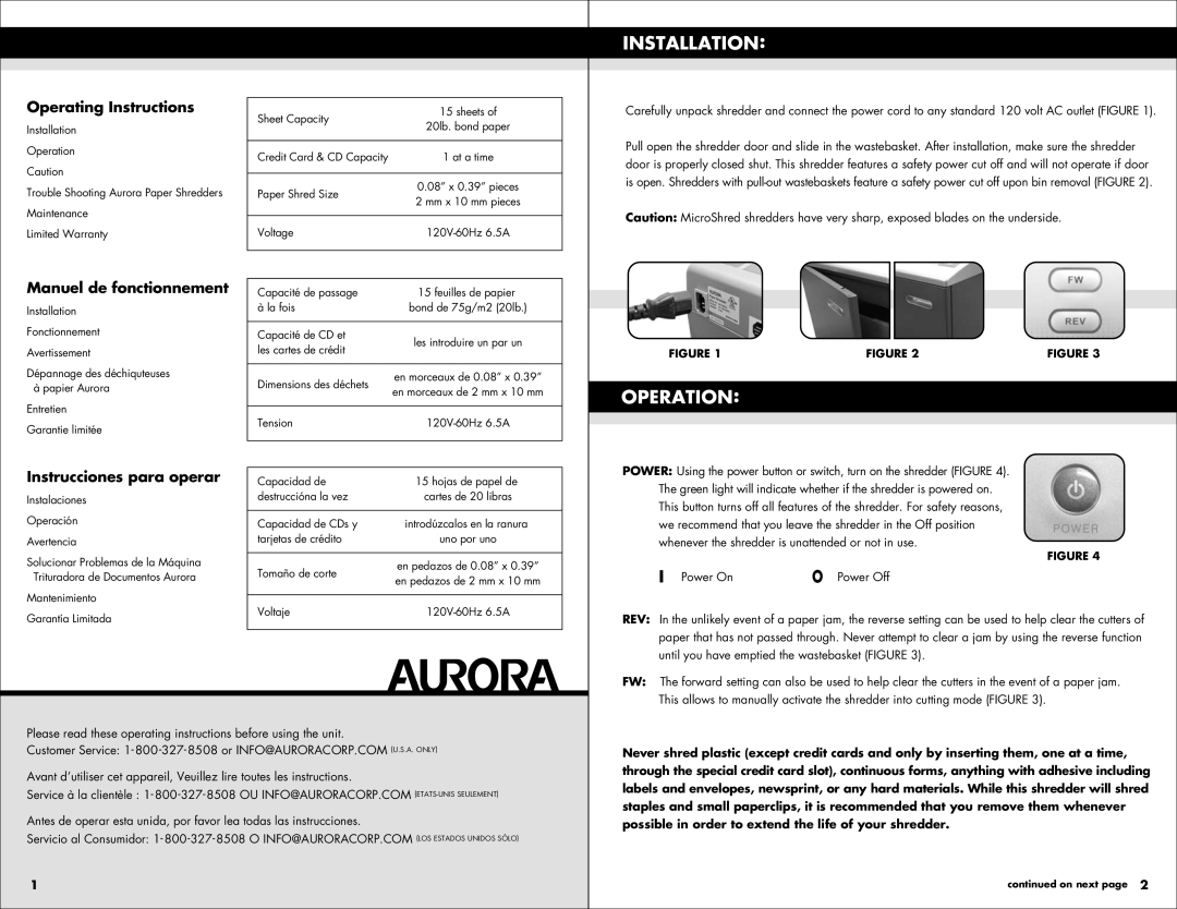 Aurora of America AS1540CD manual Installation, Operation 