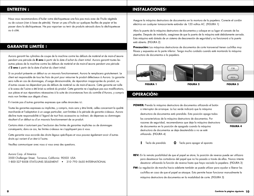 Aurora of America AS1540CD manual Entretin, Garantie Limitée, Instalaciones, Operación 