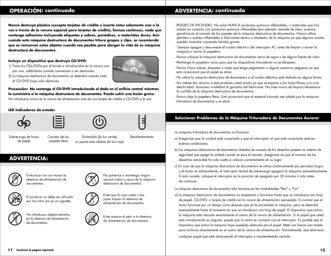 Aurora of America AS1540CD manual Operación continuado, Advertencia continuado, LED indicadores de estado 