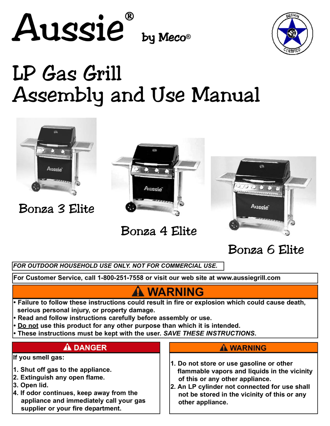 Aussie 3 ELITE manual LP Gas Grill Assembly and Use Manual 