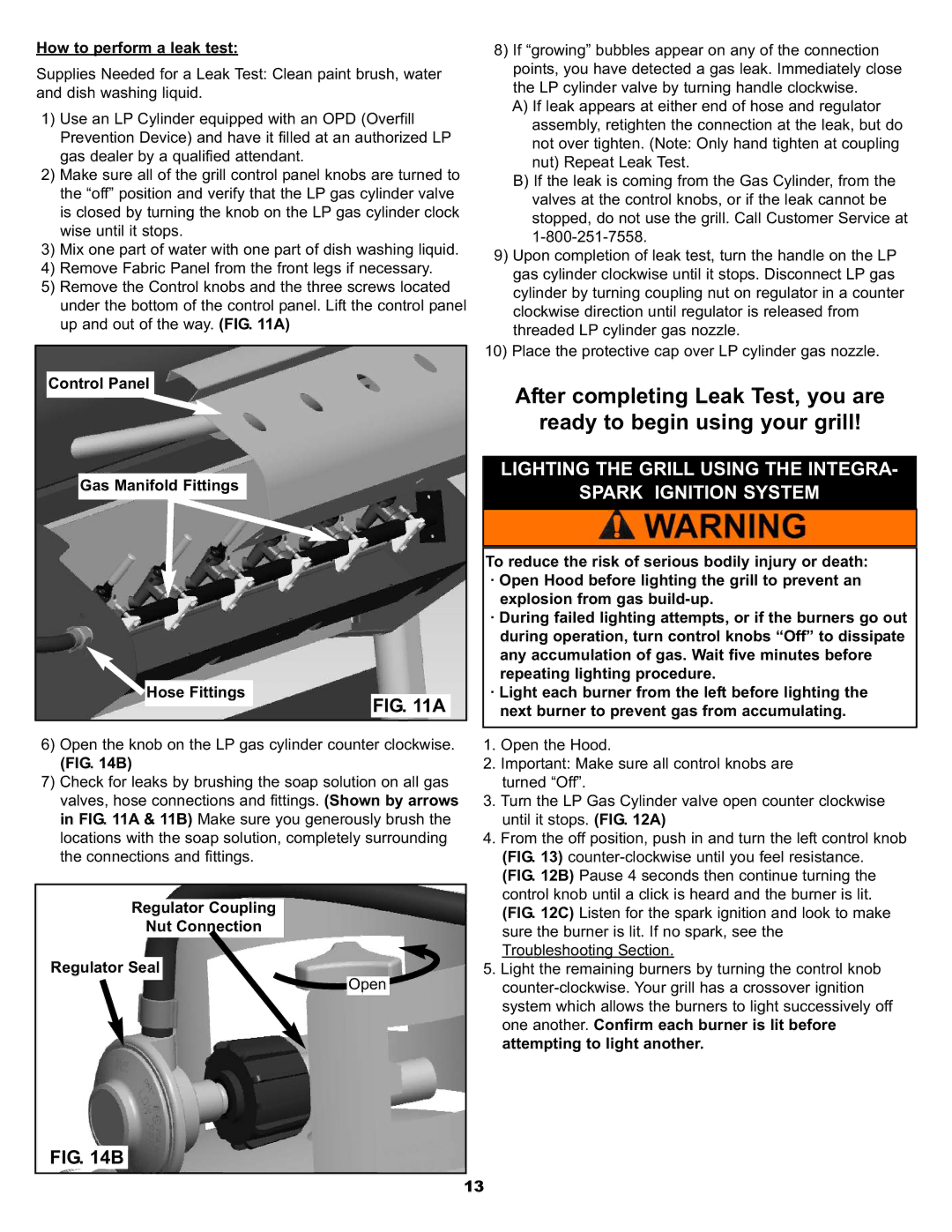 Aussie 3 ELITE manual Lighting the Grill Using the Integra Spark Ignition System, How to perform a leak test 