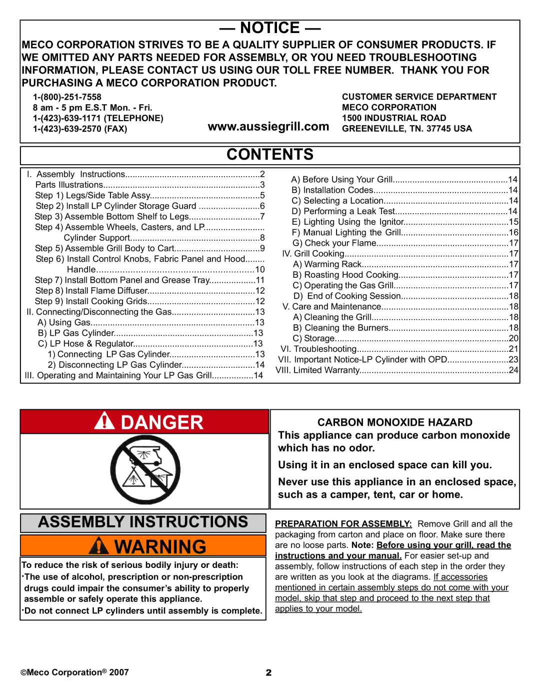 Aussie 3 ELITE manual Contents, Assembly Instructions 