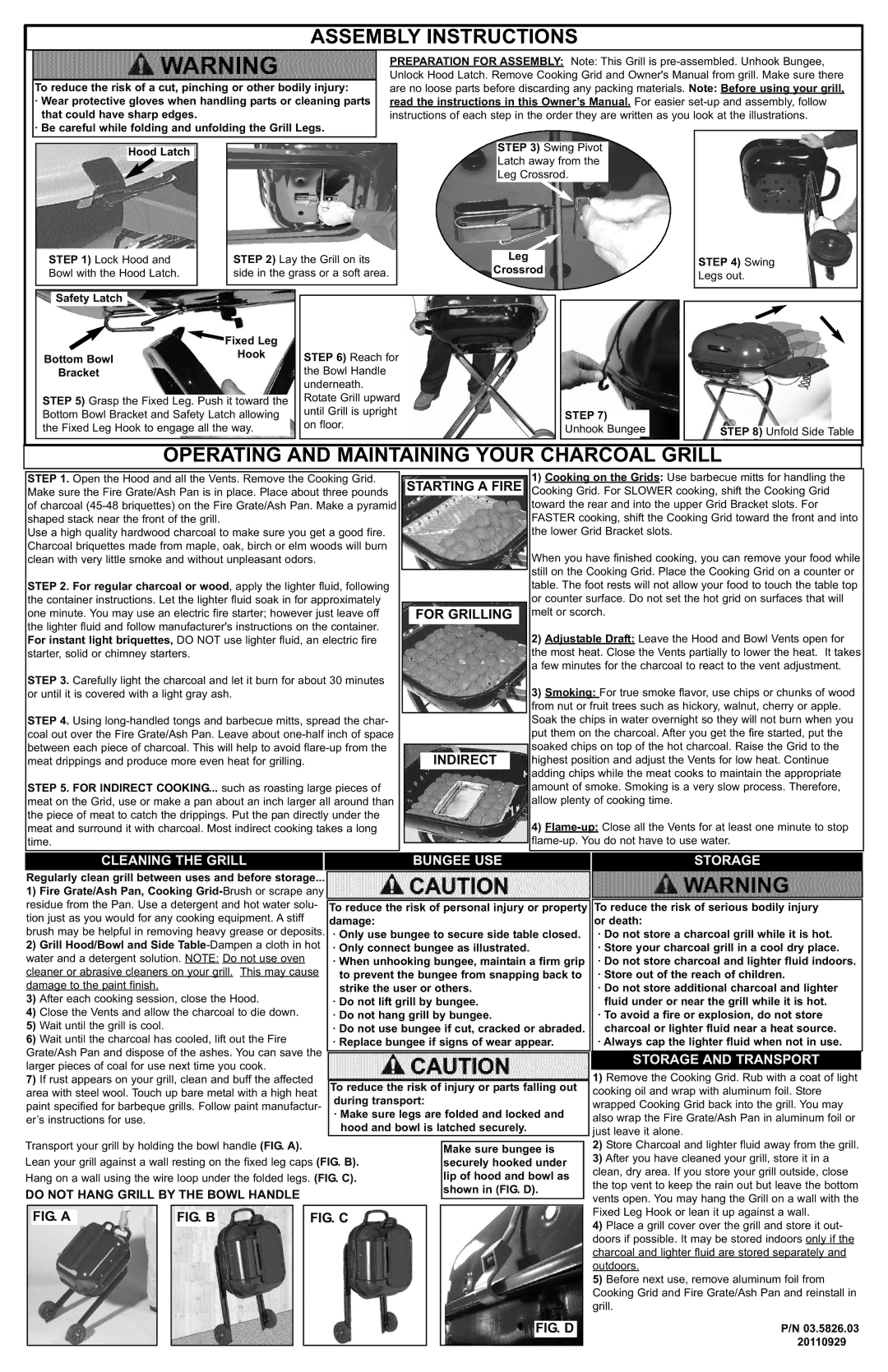 Aussie 4201 Assembly Instructions, Operating and Maintaining Your Charcoal Grill, Cleaning the Grill Bungee USE Storage 