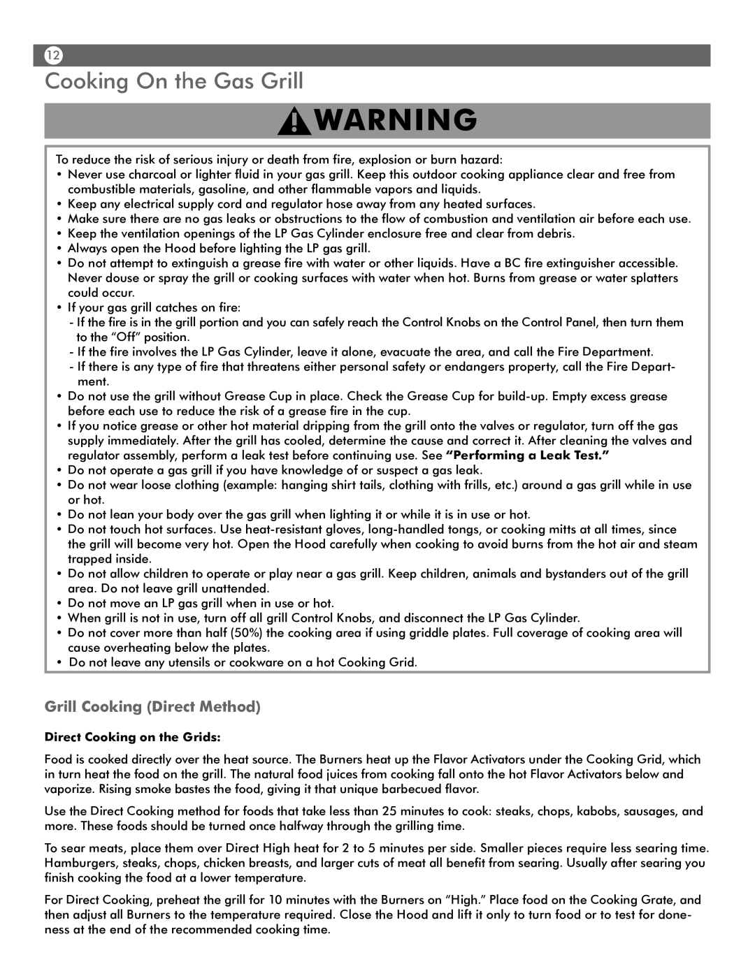 Aussie 4280 user manual Cooking On the Gas Grill, Grill Cooking Direct Method, Direct Cooking on the Grids 