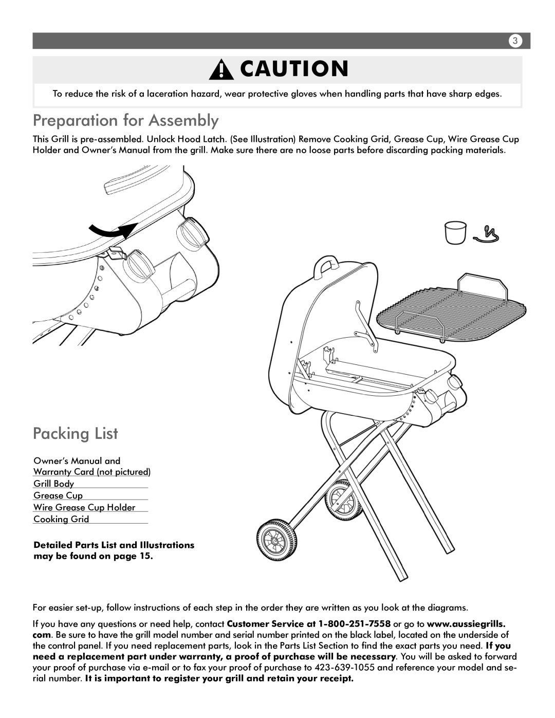 Aussie 4280 user manual Preparation for Assembly Packing List, Detailed Parts List and Illustrations may be found on 