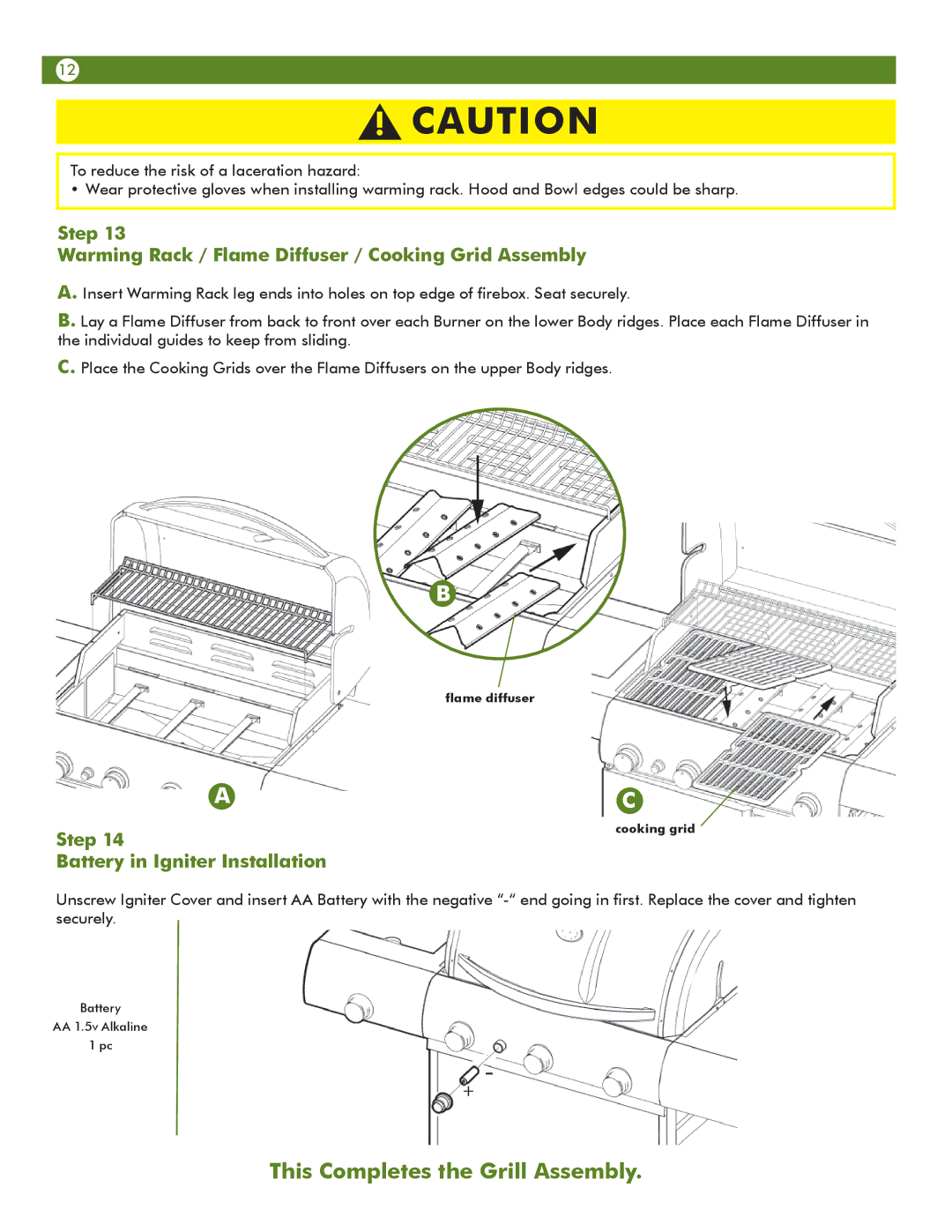 Aussie 6703C8FKK1 manual Step Warming Rack / Flame Diffuser / Cooking Grid Assembly, Step Battery in Igniter Installation 