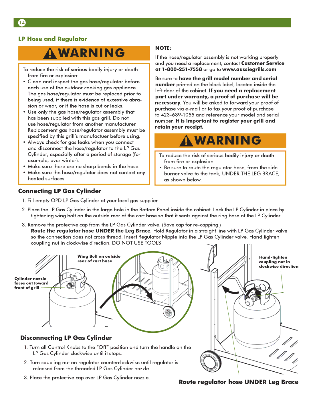 Aussie 6703C8FKK1 manual LP Hose and Regulator, Connecting LP Gas Cylinder 