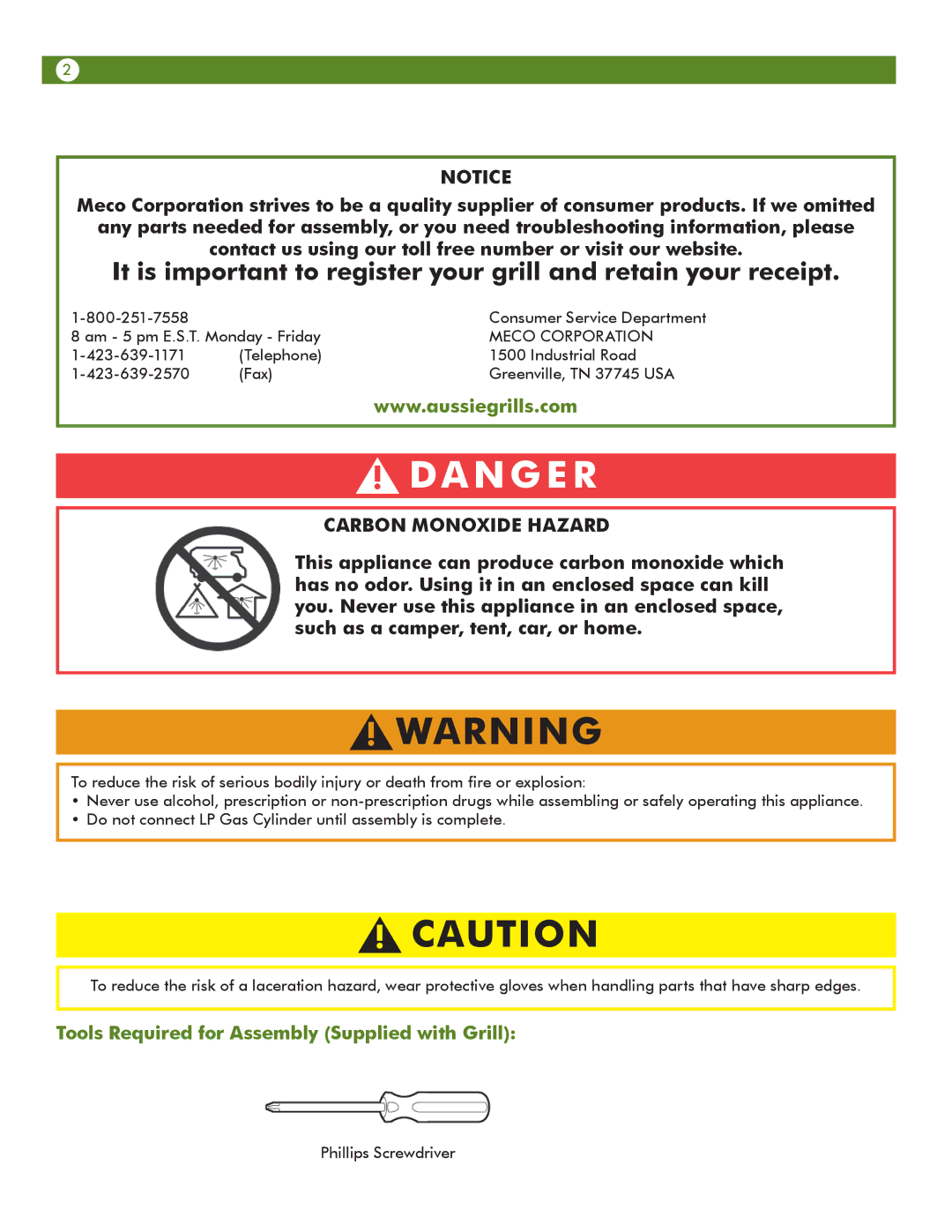 Aussie 6703C8FKK1 manual Carbon Monoxide Hazard, Tools Required for Assembly Supplied with Grill 