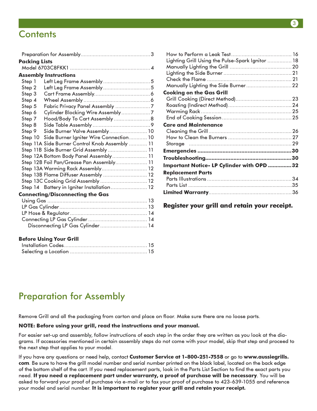 Aussie 6703C8FKK1 manual Contents, Preparation for Assembly 