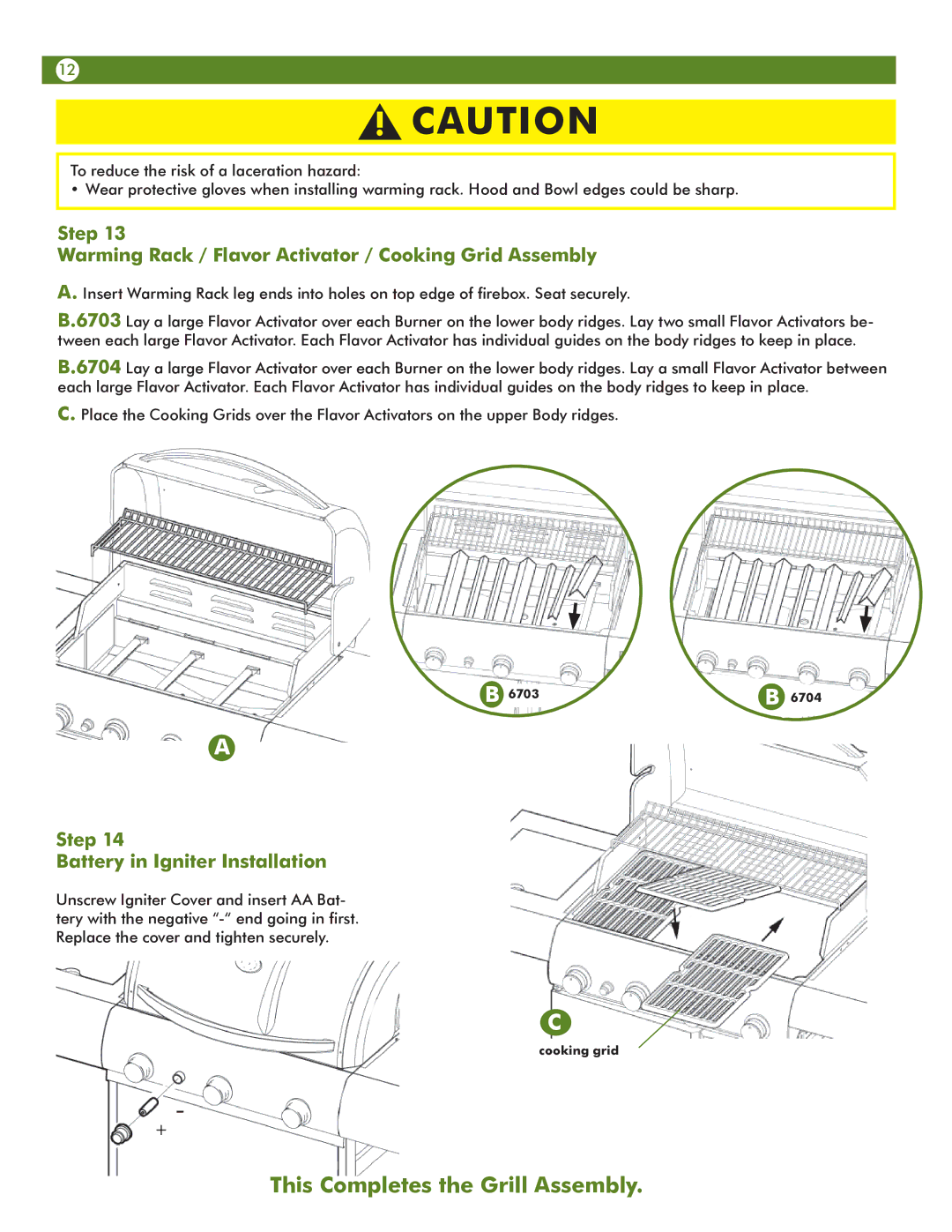 Aussie 6703T8DV31 manual Step Warming Rack / Flavor Activator / Cooking Grid Assembly, Step Battery in Igniter Installation 