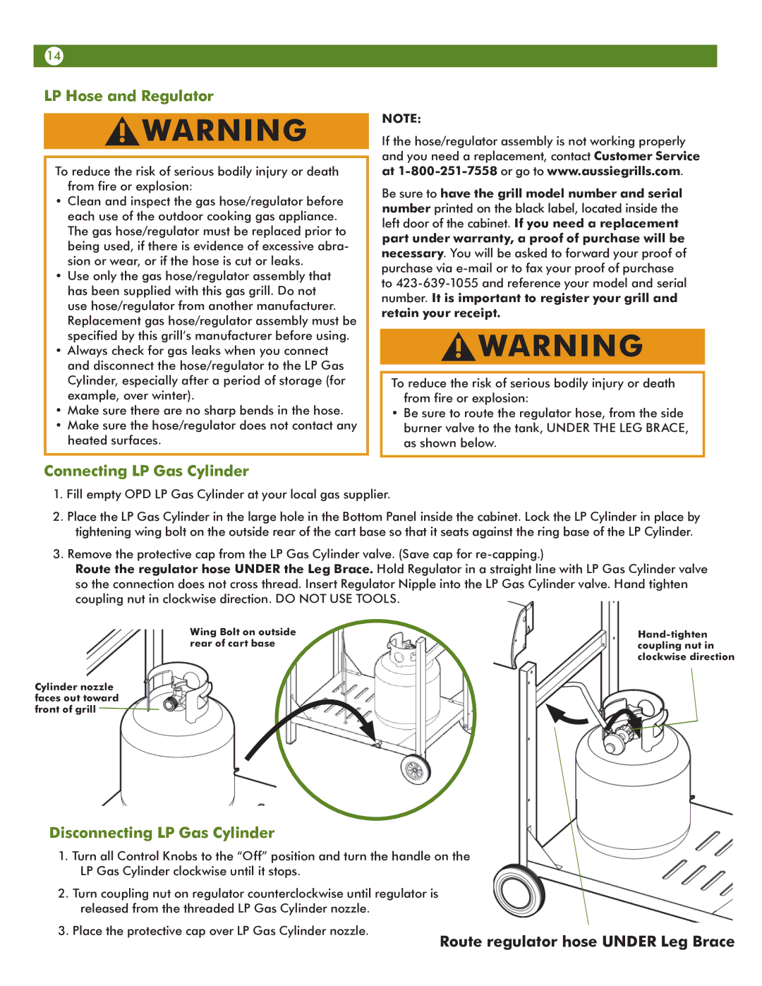 Aussie 6703T8DV31 manual LP Hose and Regulator, Connecting LP Gas Cylinder, Disconnecting LP Gas Cylinder 