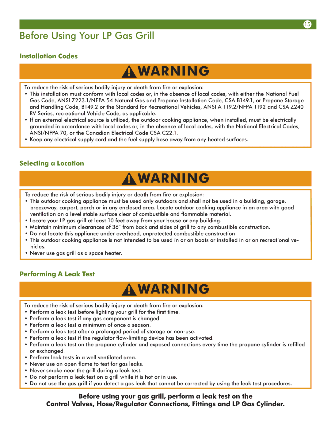 Aussie 6703T8DV31 manual Before Using Your LP Gas Grill, Installation Codes, Selecting a Location, Performing a Leak Test 