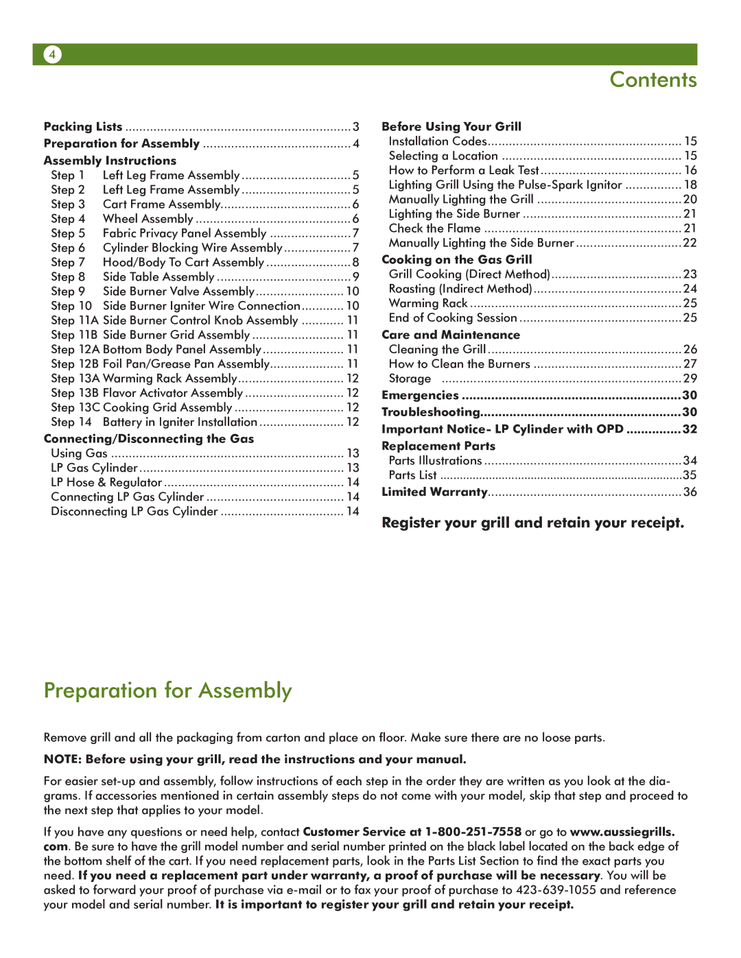 Aussie 6703T8DV31 manual Contents, Preparation for Assembly 