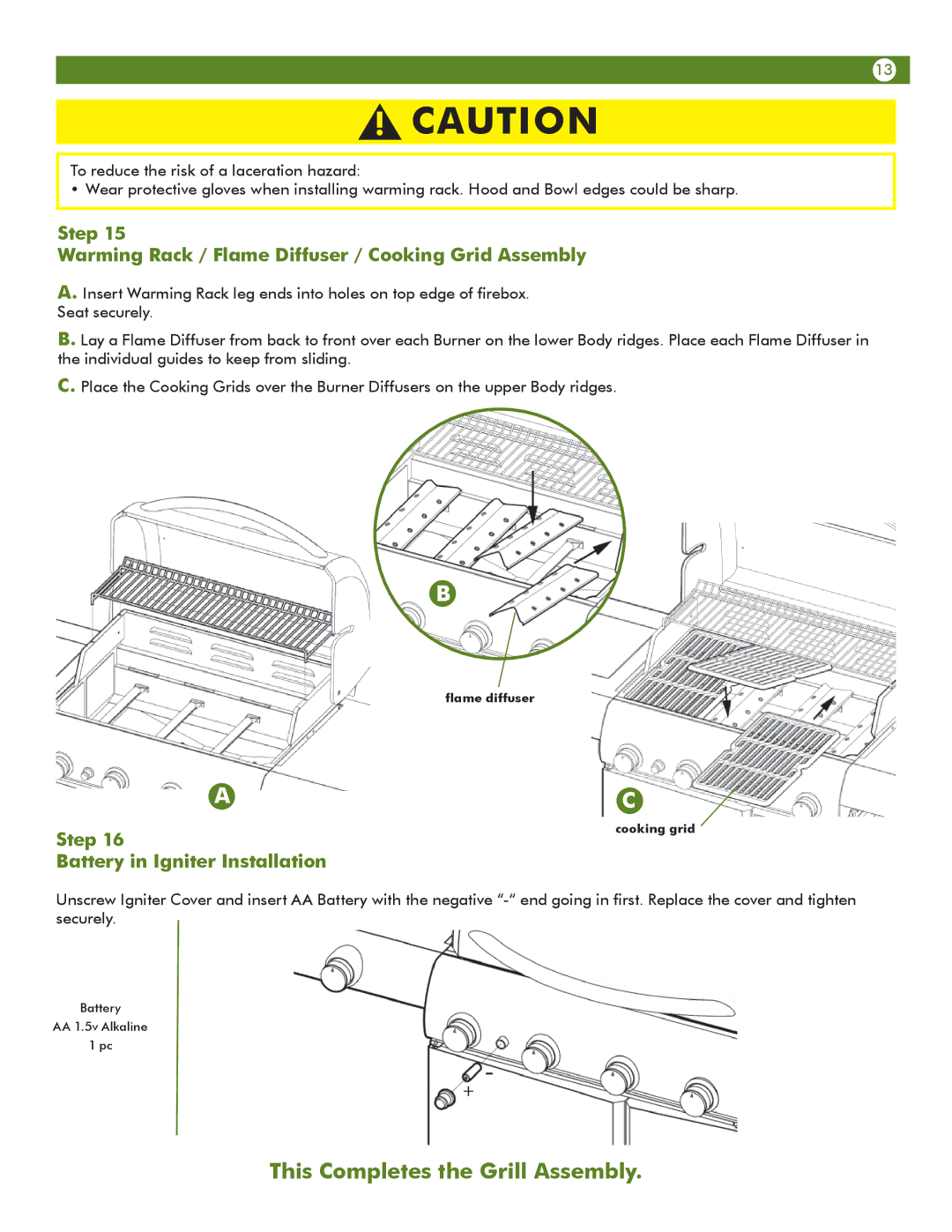 Aussie 6804S8-S11 manual Step Warming Rack / Flame Diffuser / Cooking Grid Assembly, Step Battery in Igniter Installation 