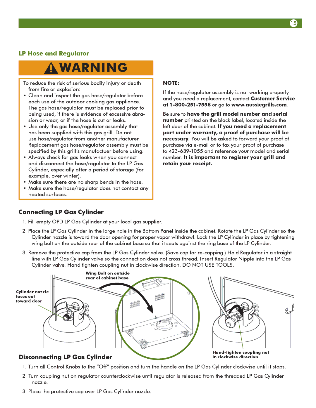 Aussie 6804S8-S11 manual LP Hose and Regulator, Connecting LP Gas Cylinder 