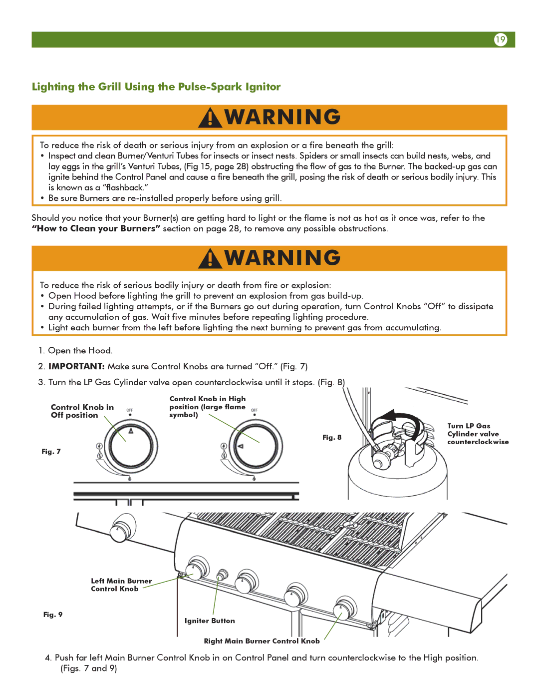 Aussie 6804S8-S11 manual Lighting the Grill Using the Pulse-Spark Ignitor, Off position 