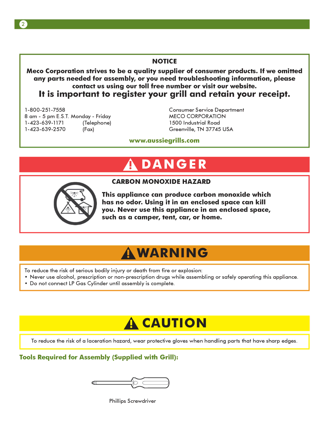 Aussie 6804S8-S11 manual Carbon Monoxide Hazard, Tools Required for Assembly Supplied with Grill 