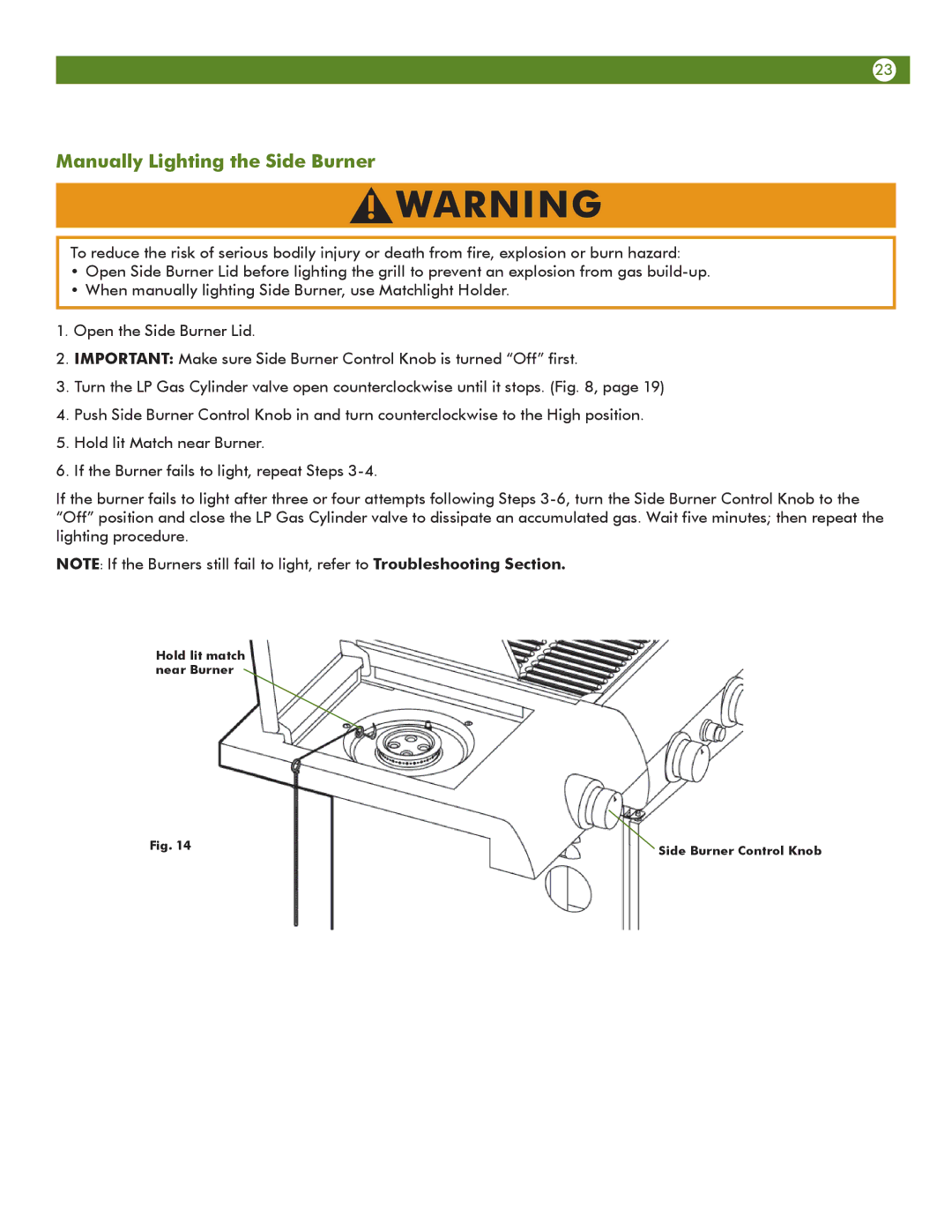 Aussie 6804S8-S11 manual Manually Lighting the Side Burner 