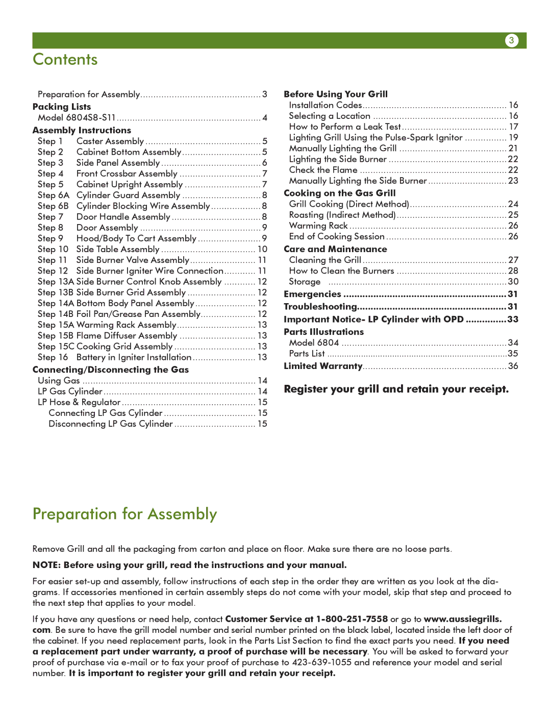 Aussie 6804S8-S11 manual Contents, Preparation for Assembly 