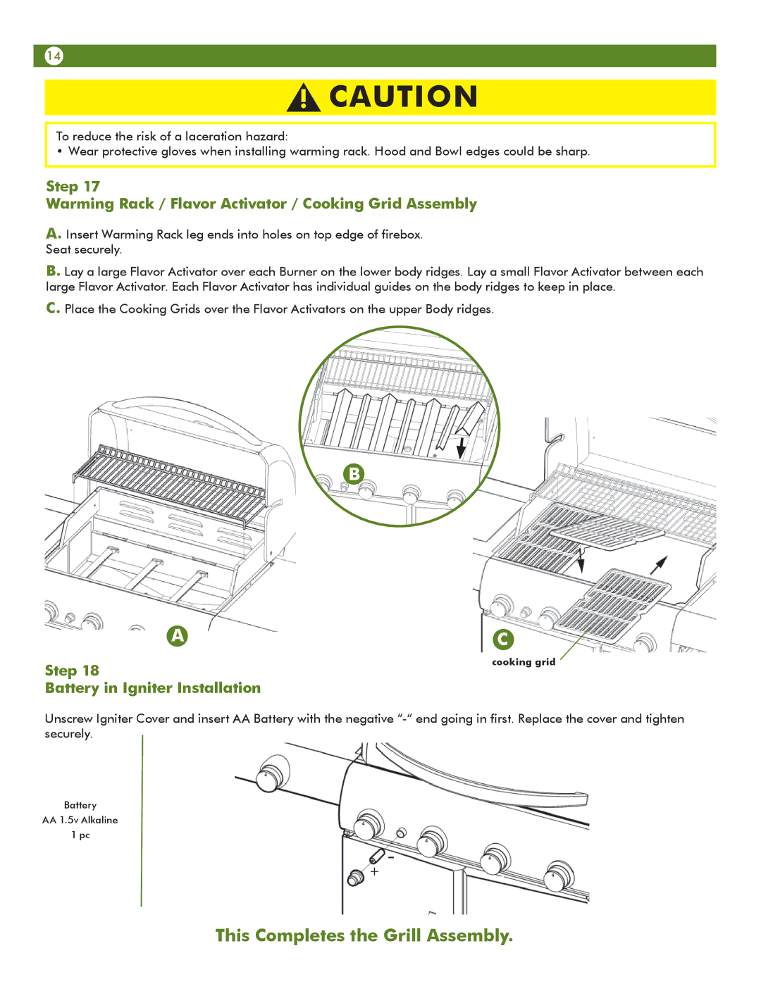 Aussie 6804T80SS1 manual Step Warming Rack / Flavor Activator / Cooking Grid Assembly, Step Battery in Igniter Installation 